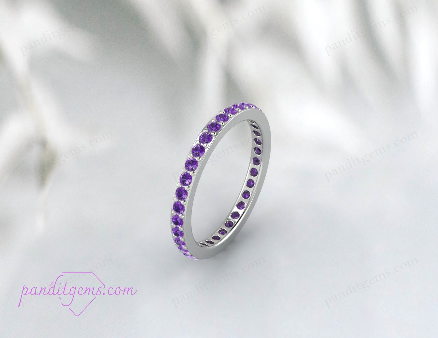 14k rose gold amethyst stacking band with 2mm stones, perfect for weddings or anniversaries. A delicate and timeless design.