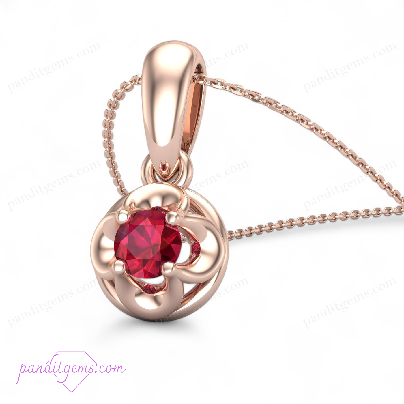 A delicate gold necklace featuring a round cut ruby prong-set in a minimalist solitaire design.