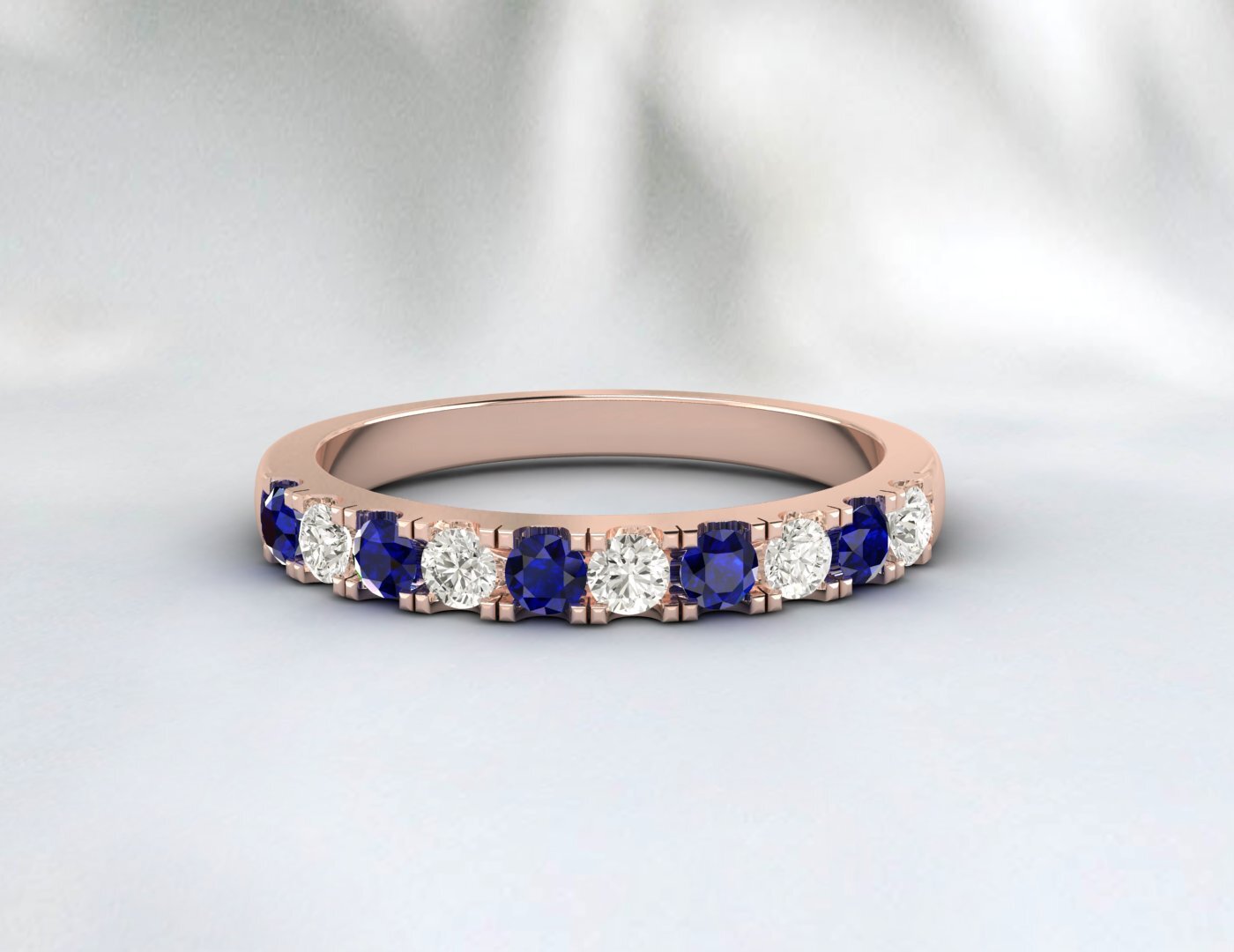 Blue Sapphire Half Eternity Band With Cz Diamond 925 Sterling Silver Lab Created