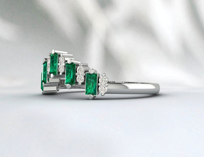 Baguette Green Emerald Crown Wedding Band Fine Silver Daimond Lab Created Band