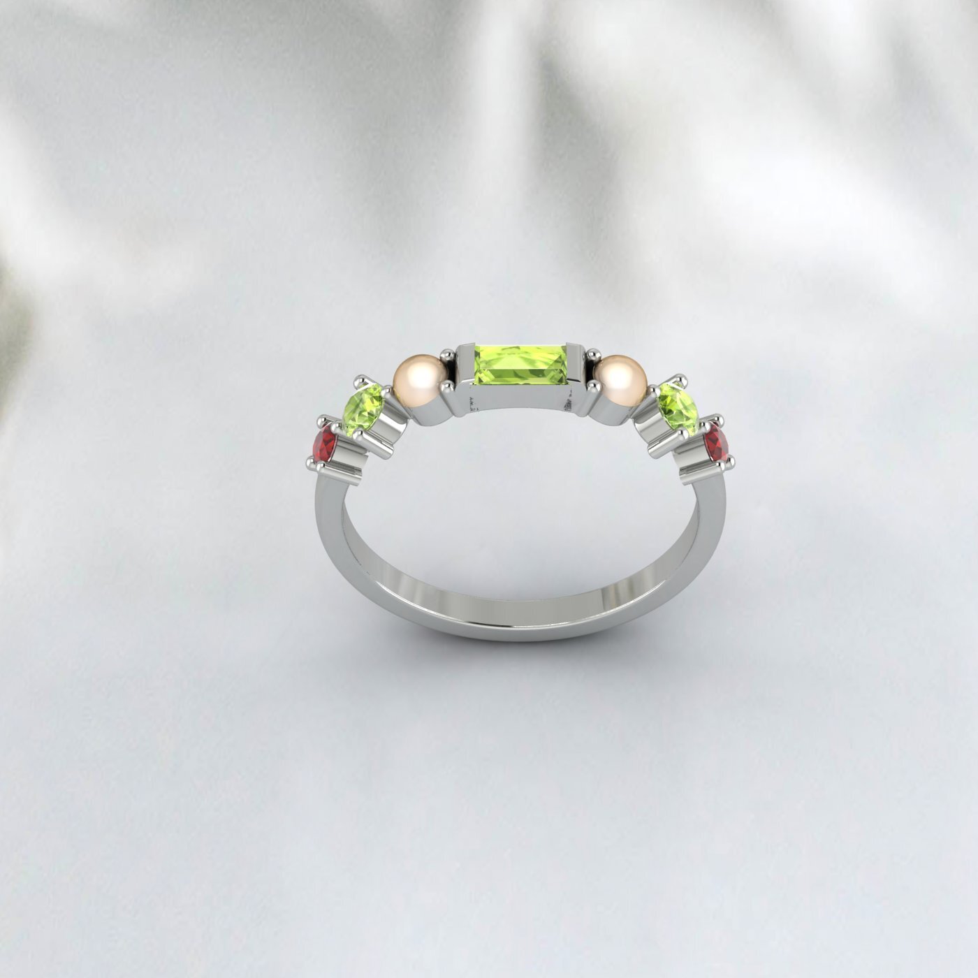 Natural Peridot, Pearl And Garnet Wedding Anniversary Ring 925 Sterling Silver