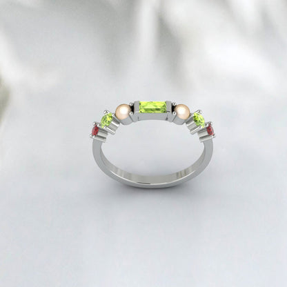 Natural Peridot, Pearl And Garnet Wedding Anniversary Ring 925 Sterling Silver