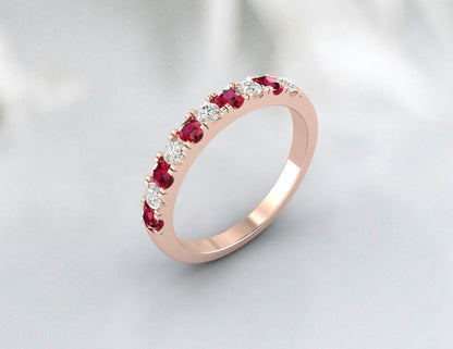 Red Ruby Half Eternity Band With Cz Diamond 925 Sterling Silver Lab Created Band