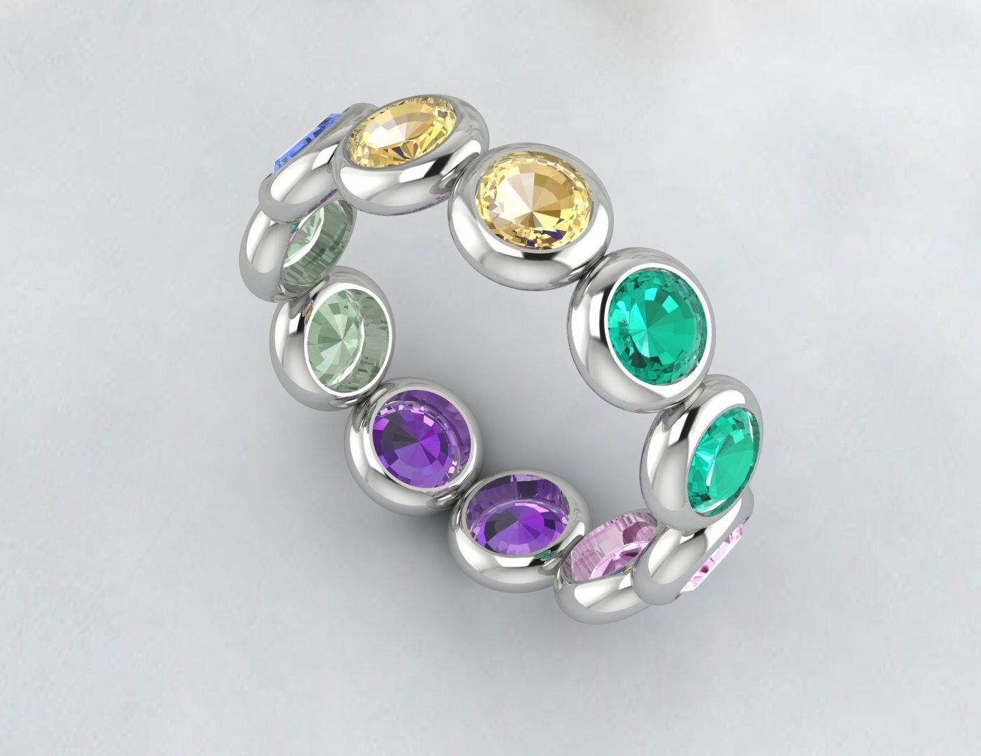 Natural Round Multi Gemstone Wedding Band Fine Silver Bezal Set Eternity Band