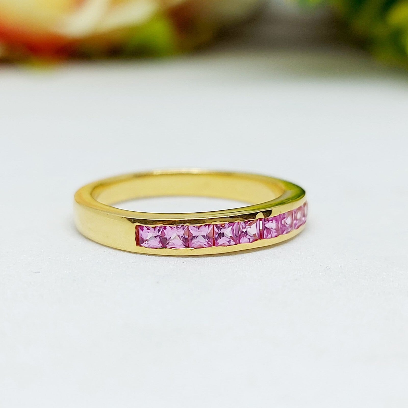 Natural Princess Cut Pink Tourmaline Band Channel Set 925 Sterling Silver Band