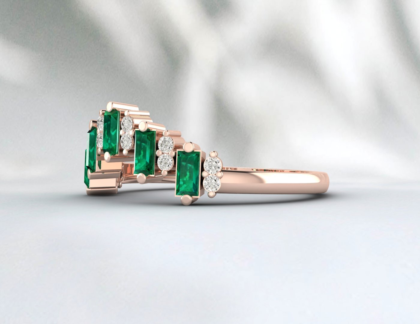 Baguette Green Emerald Crown Wedding Band Fine Silver Daimond Lab Created Band