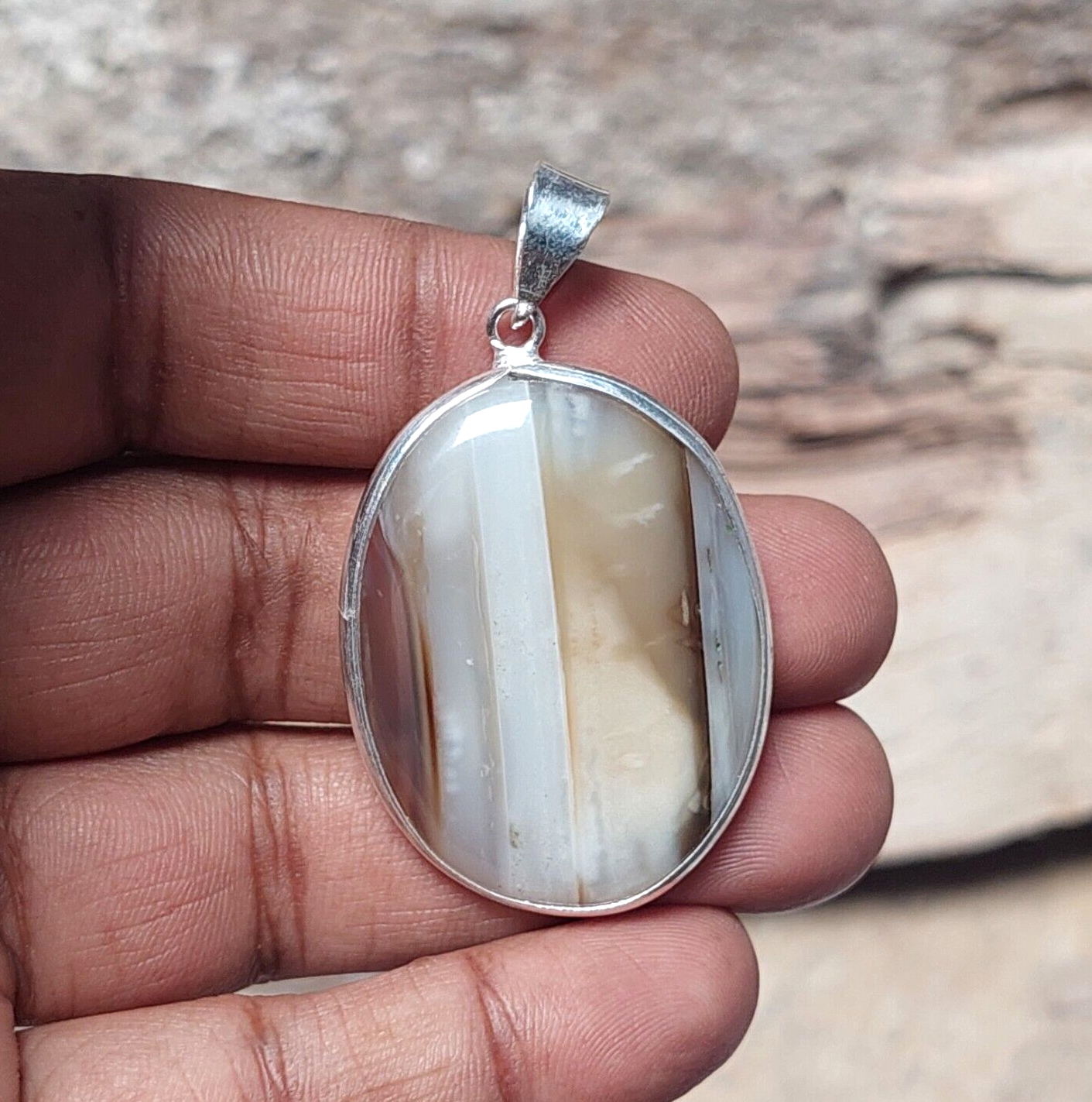 Oval Grey Banded Agate Pendant 925 Sterling Silver Perfect Gift For Anyone