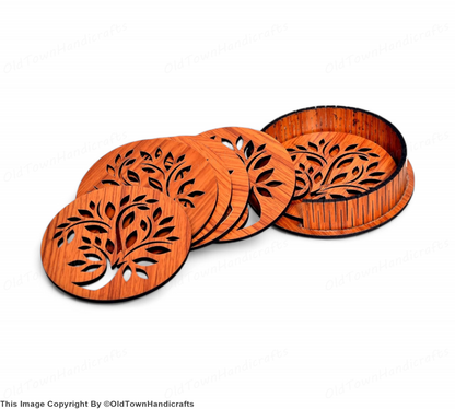 Handcrafted Wooden Tea Coffee Coaster Set of 6 with Stand 3.5" Brown Decor Gift