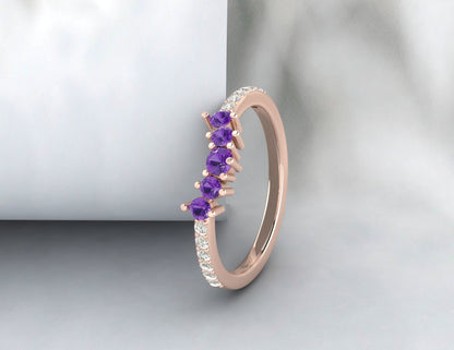 Natural Amethyst Curved Wedding Band Half Eternity Fine Silver 5 Gemstone