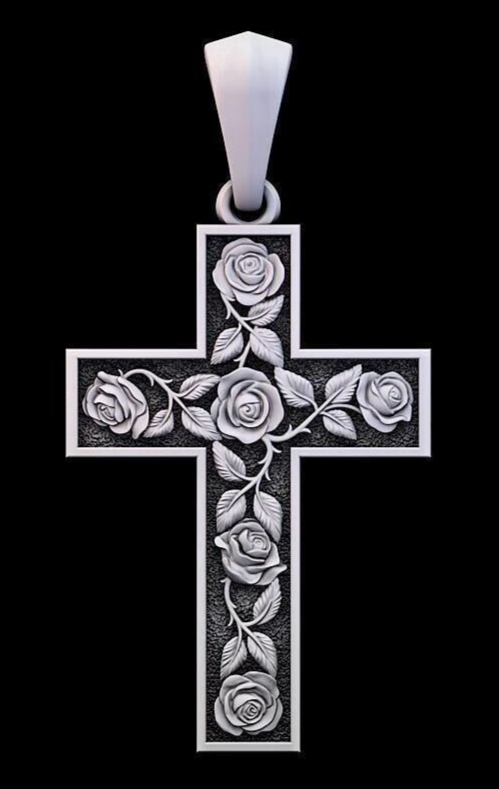 Silver Cross Whit Rose Jesus Crucifix Pendant Christian Men Cross Necklace Gift
