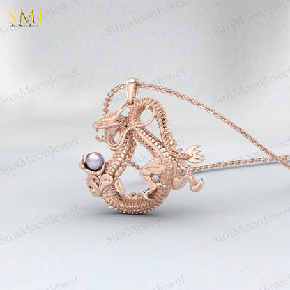 925 Sterling Silver Dragon Pendant Necklace For Man Pearl Dragon Unique Gifts