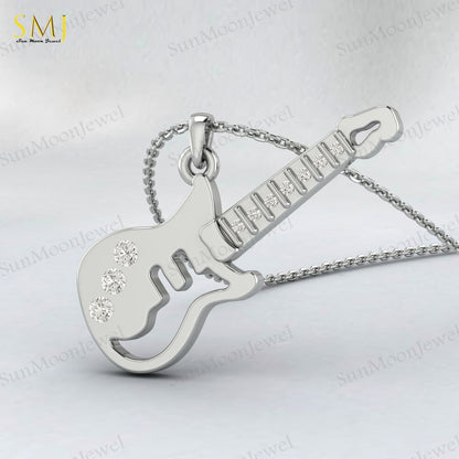 Lab Diamond Guitar Necklace Kids Jewelry Charm Guitar Necklace 925 Silver