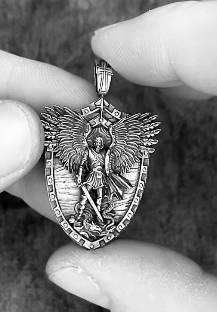 Saint Archangel Michael Serpent Shield Wings Sword Silver Pendant St Michael