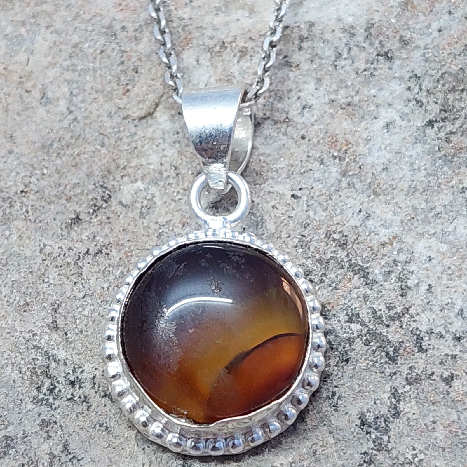 925 Sterling Silver Round Shape Brown Agate Pendant Only Pendant For Women