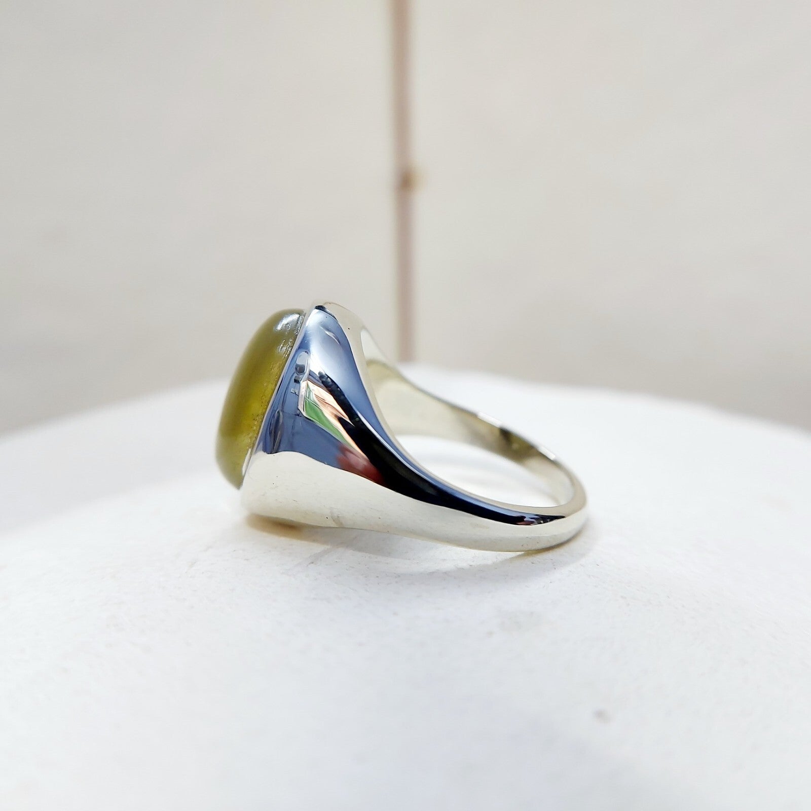 Yellow Cats Eye Chrysoberyl Ring Wide Band Handmade 925 Silver Men Ring US5~15
