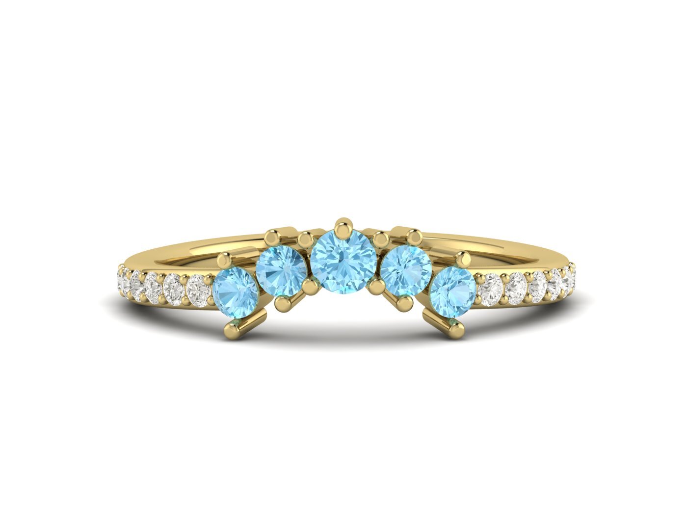Natural Blue Aquamarine Curved Wedding Band Half Eternity Fine Silver 5 Gemstone