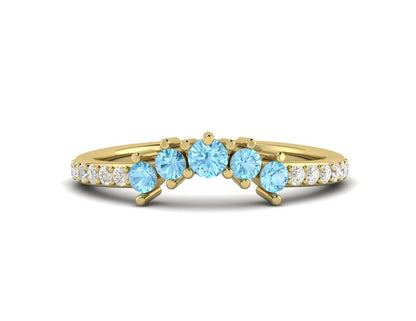 Natural Blue Aquamarine Curved Wedding Band Half Eternity Fine Silver 5 Gemstone
