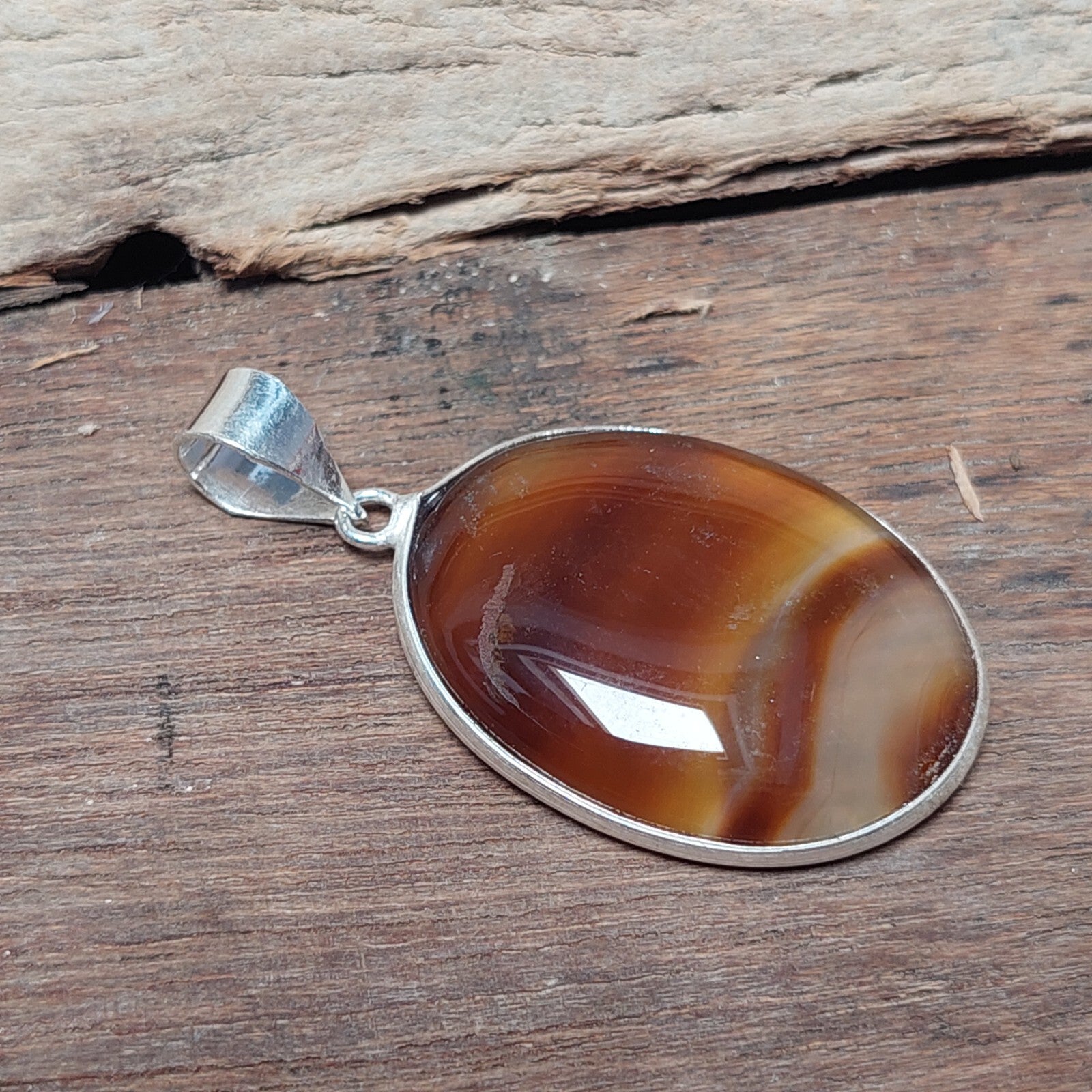 925 Sterling Silver Orange Banded Agate Slice Gemstone Pendant Necklace For Girl
