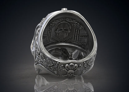 Masonic Skull Ring Oxidized Silver Gothic Freemason Biker Ring For Men US5-15