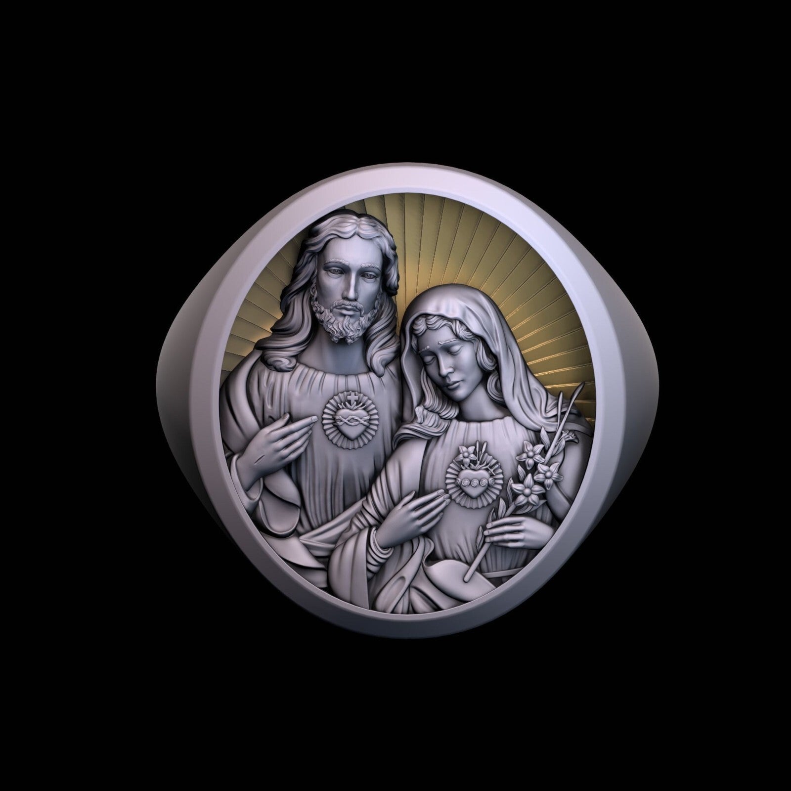 Mens Signet Ring Mother Mary Jesus Christ Sacred Heart US 7-15 Religious Jewelry