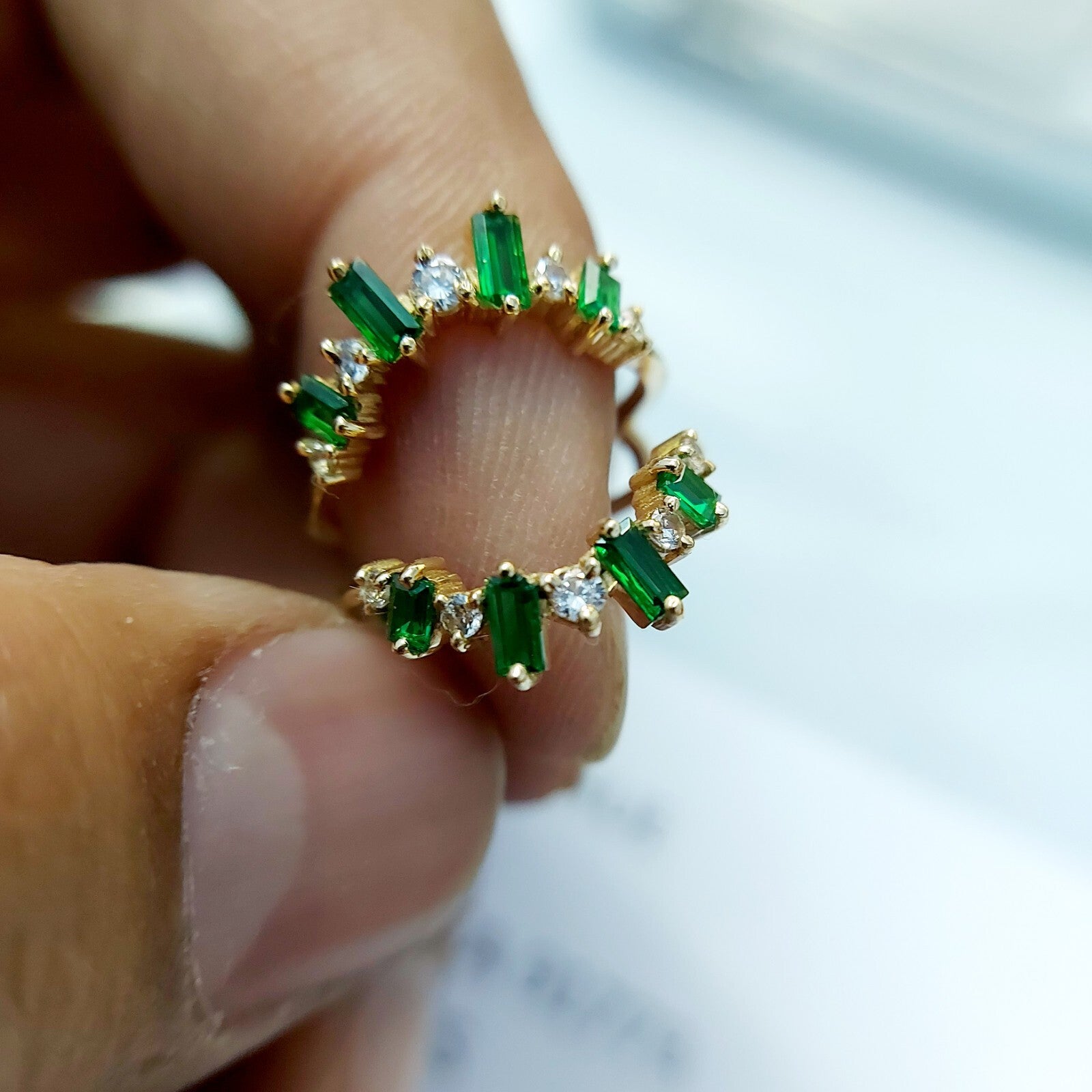 Emerald Baguette Ring Gemstone Set 925 Silver Ring Handmade Wedding Band US5~15