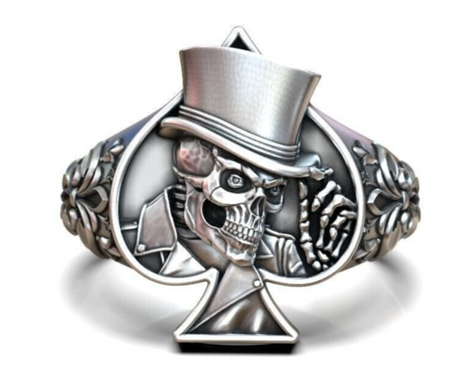 925 Silver Lucky Ace Spade Skull Hat Ring Casino Gothic Biker Poker Style US5~15