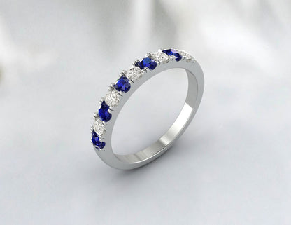 Blue Sapphire Half Eternity Band With Cz Diamond 925 Sterling Silver Lab Created