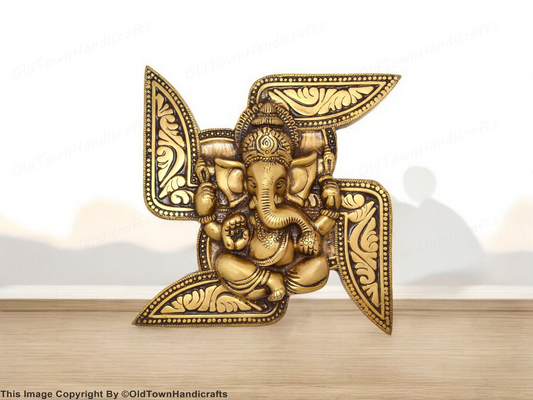 Brass Ganesha Swastika Wall Hanging 7x7" Hindu Decor | Auspicious Gift for Home