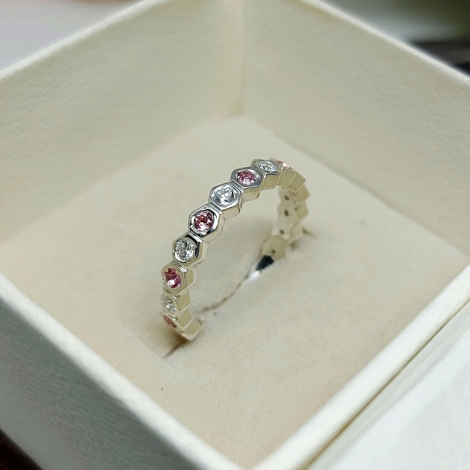 Natural Pink Tourmaline Eternity Band 925 Sterling Silver Wedding Band For Her