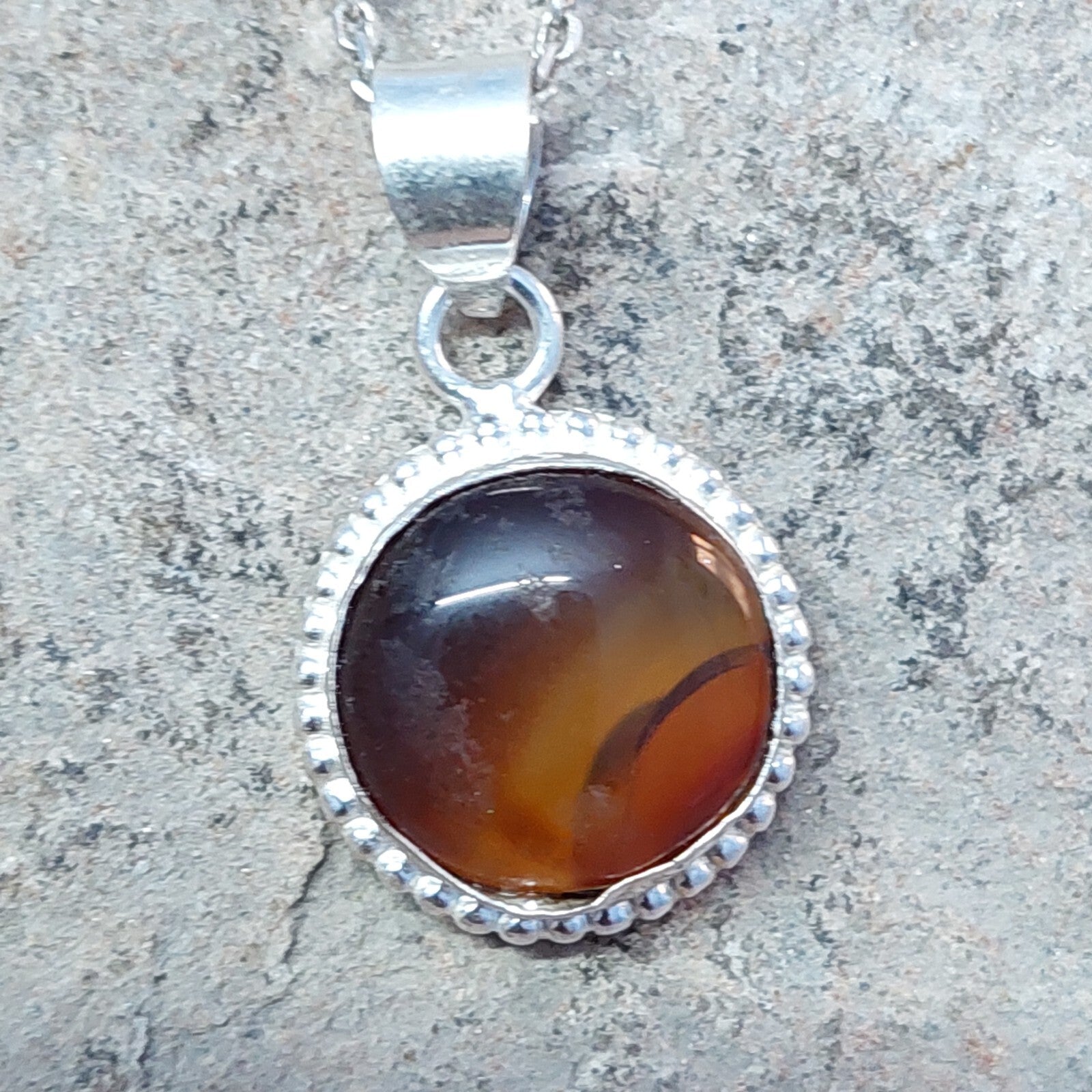 925 Sterling Silver Round Shape Brown Agate Pendant Only Pendant For Women
