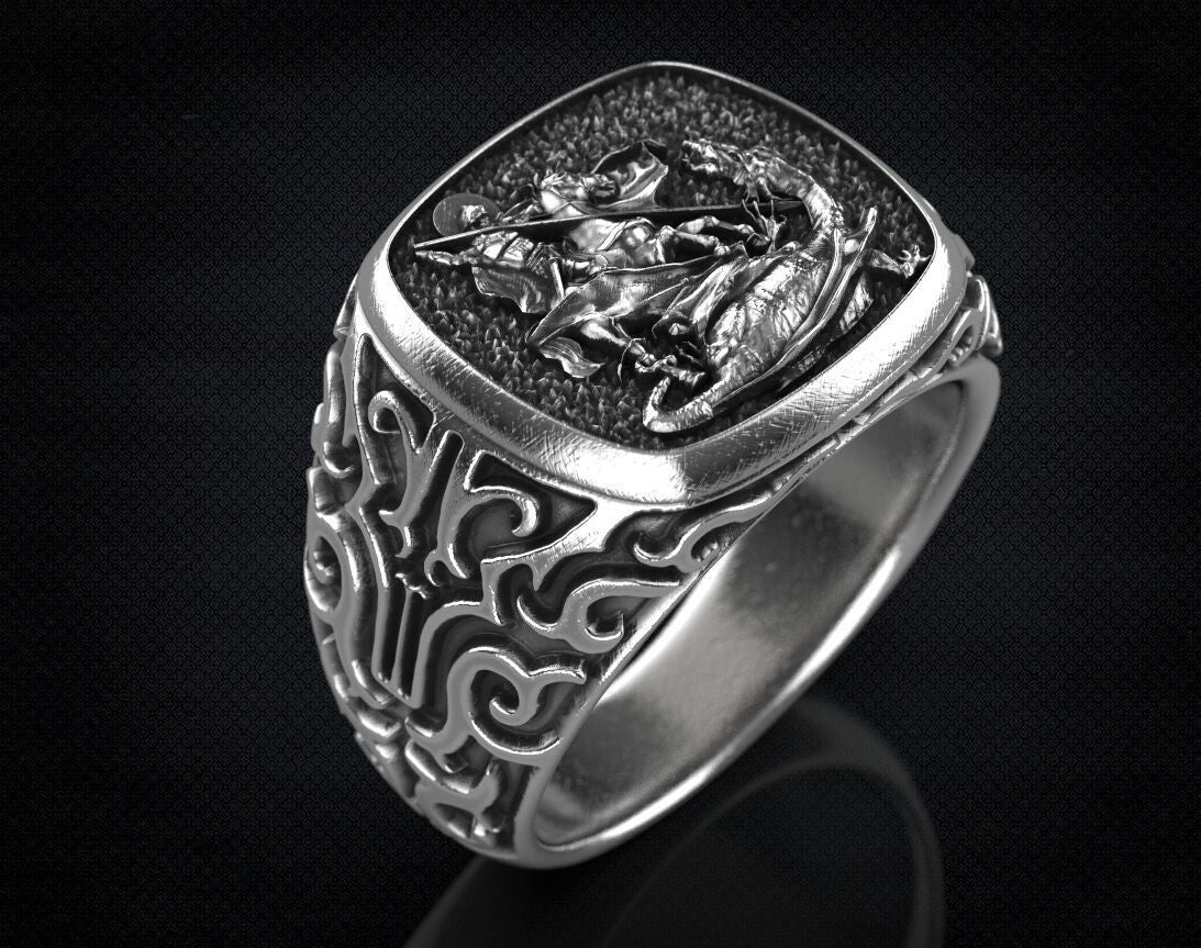 St Saint Michael Archangel Ring Sterling Silver Signet US5-15 Protection Unisex