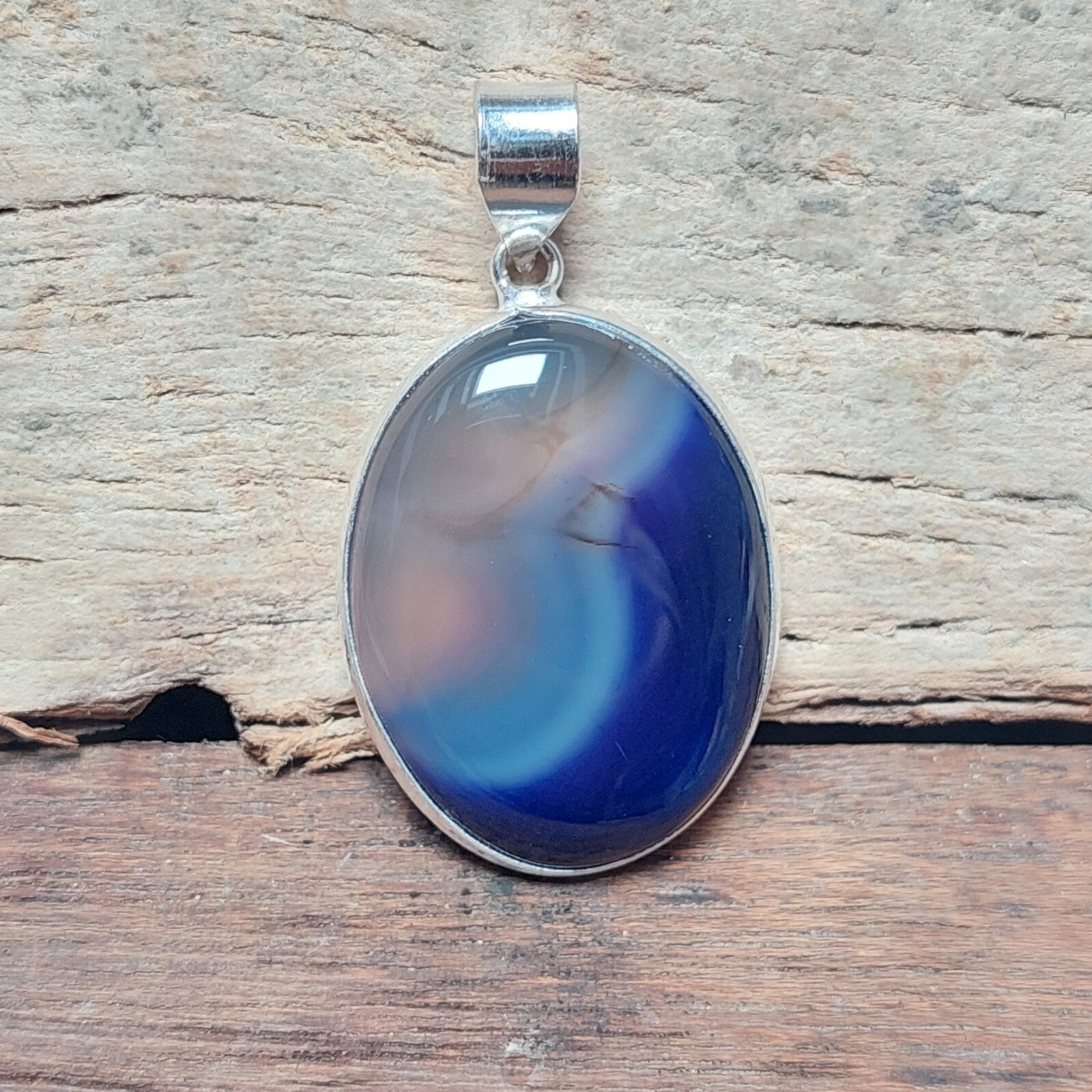 925 Sterling Silver Natural Blue Banded Agate Cabochon Pendant Christmas Gift
