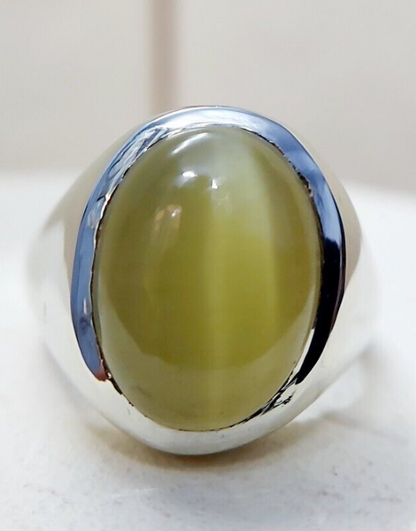 Yellow Cats Eye Chrysoberyl Ring Wide Band Handmade 925 Silver Men Ring US5~15