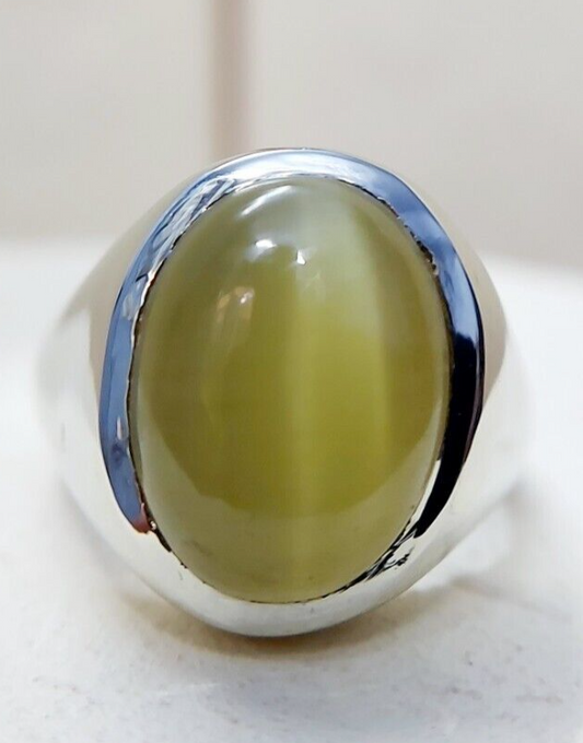 Yellow Cats Eye Chrysoberyl Ring Wide Band Handmade 925 Silver Men Ring US5~15