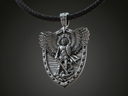 Saint Archangel Michael Serpent Shield Wings Sword Silver Pendant St Michael