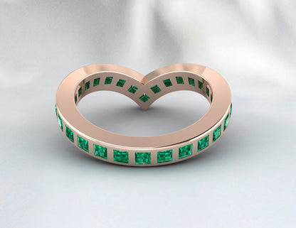 Princess Cut Emerald Green Wedding Band Fine Silver Lab Created Curved Band