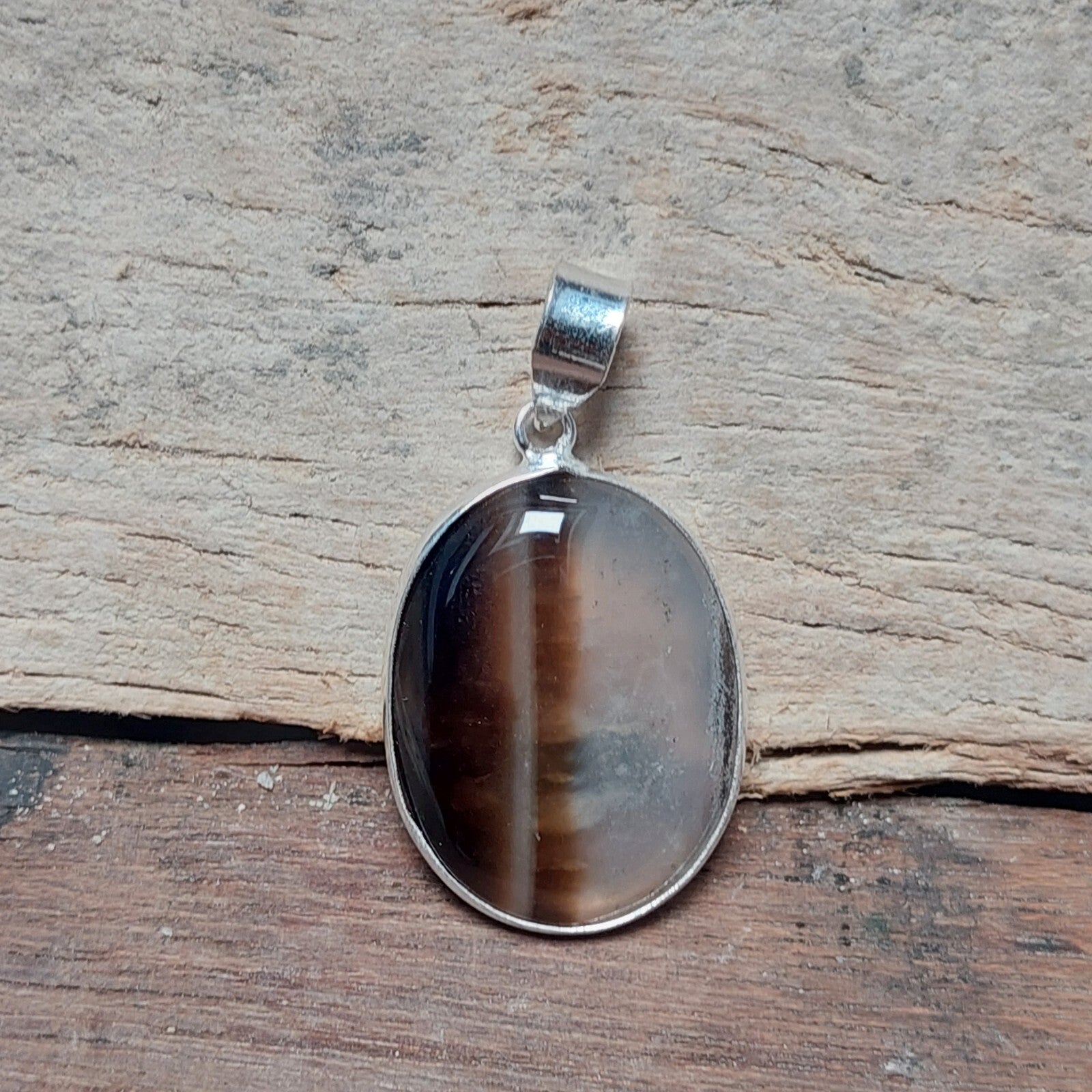 Brown Banded Agate Slice Crystal Pendant Necklace 925 Sterling Silver Women Gift