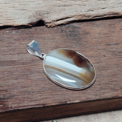 925 Sterling Silver Natural Grey Banded Agate Slice Pendant Necklace For Women