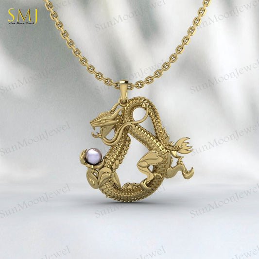 925 Sterling Silver Dragon Pendant Necklace For Man Pearl Dragon Unique Gifts