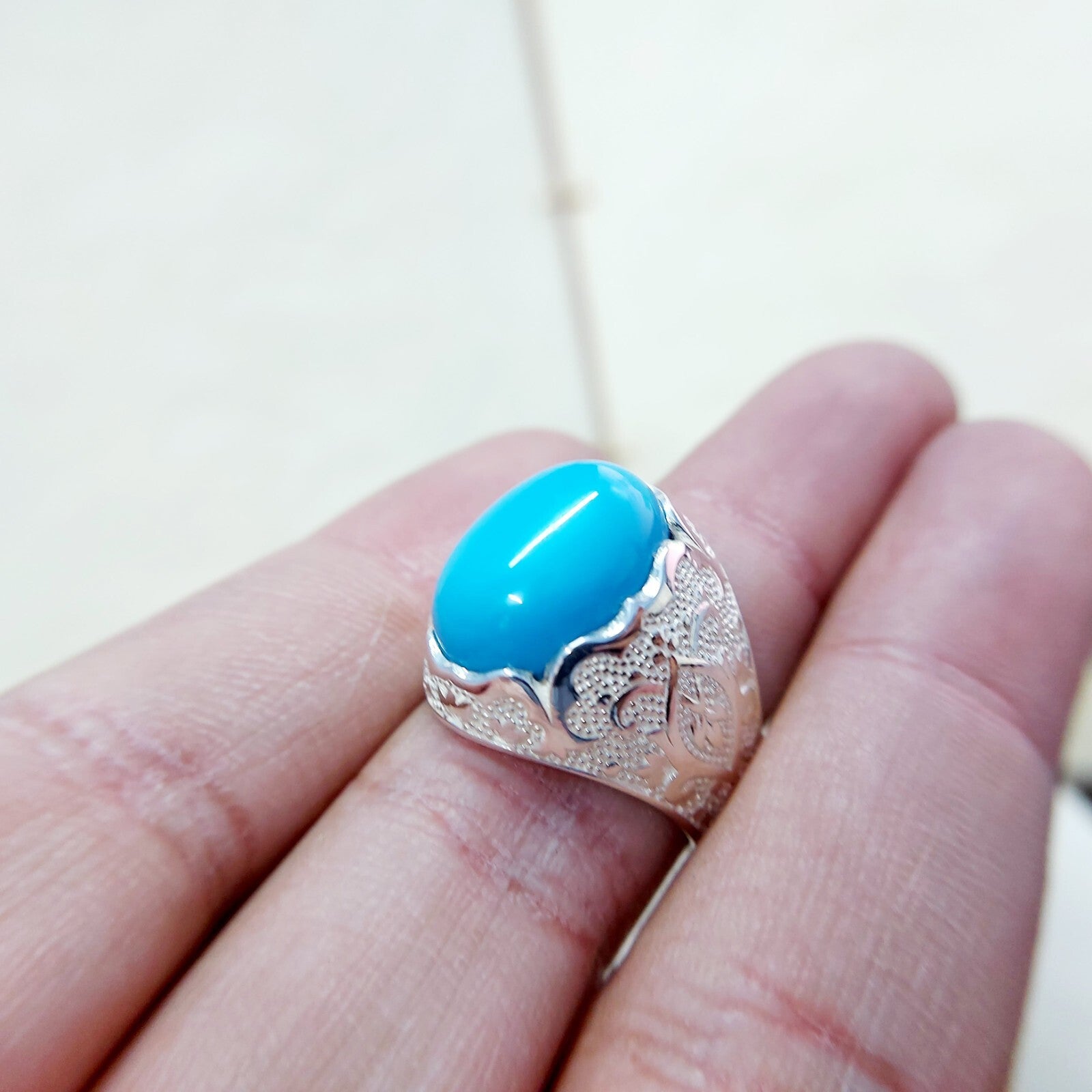 Solid 925 Silver Natural Lite Blue Turquoise Gemstone Birthday Gift Men's US5~15