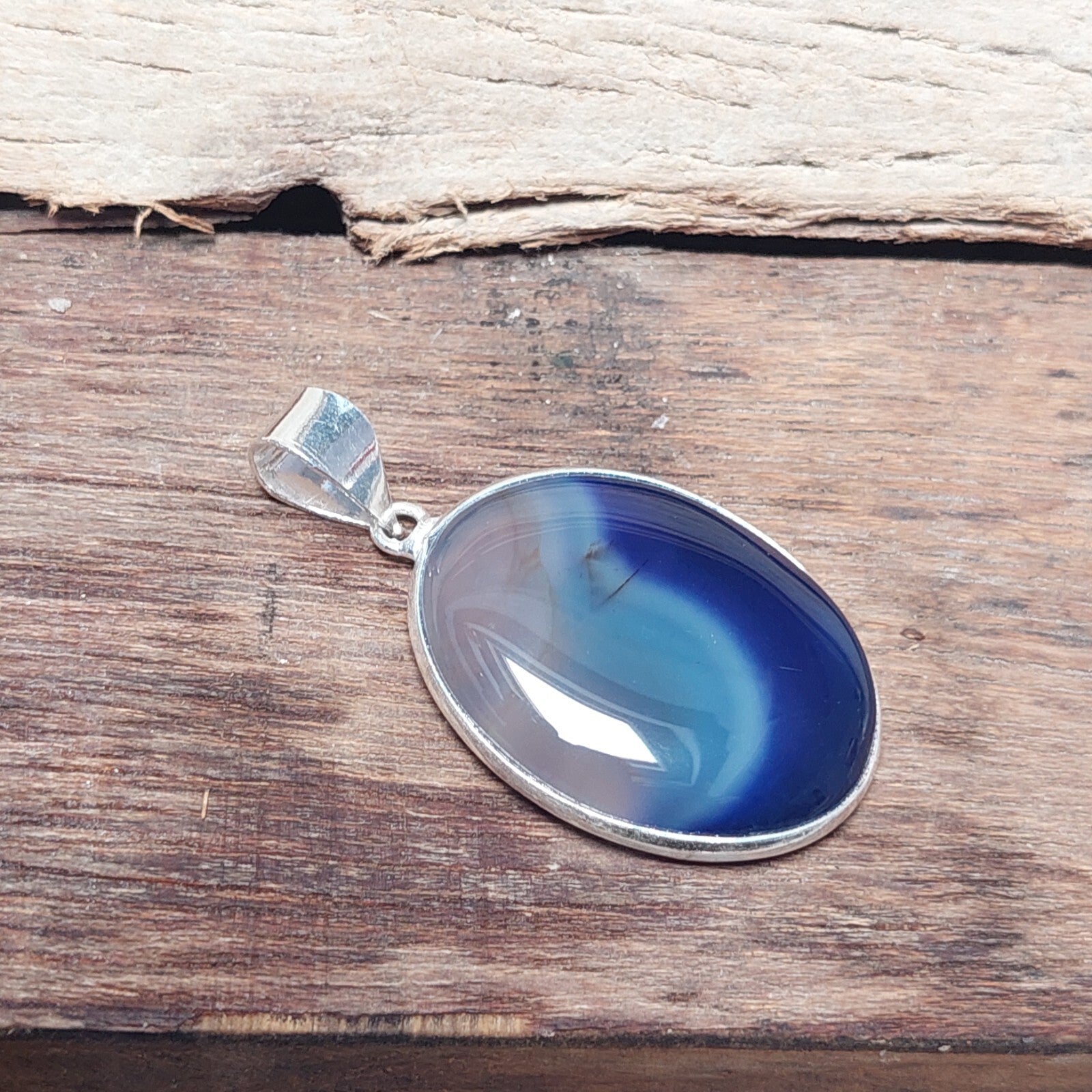 925 Sterling Silver Natural Blue Banded Agate Cabochon Pendant Christmas Gift