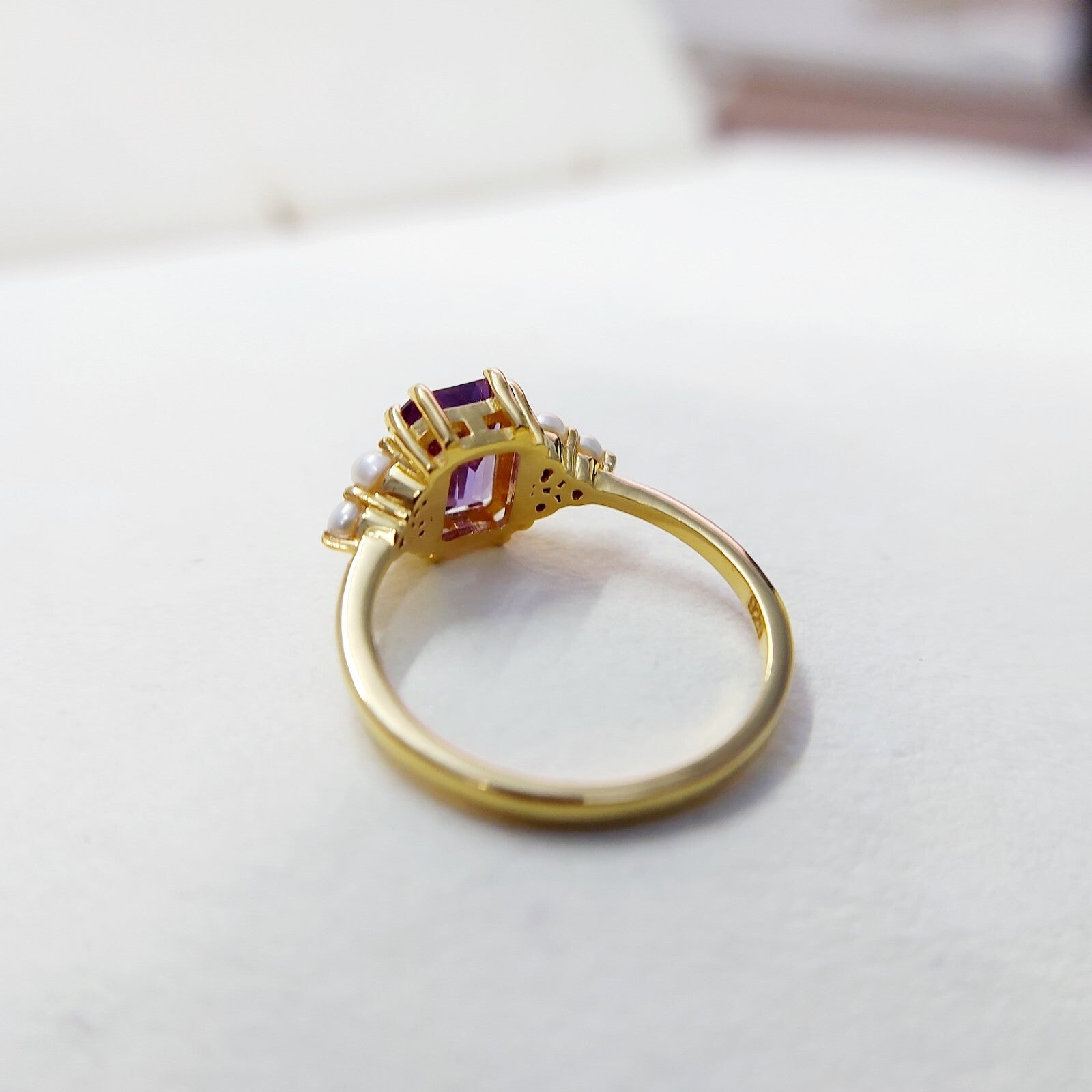Emerald Cut Amethyst Pearl Ring Handmade Engagement Anniversary Ring Gift Us5~15