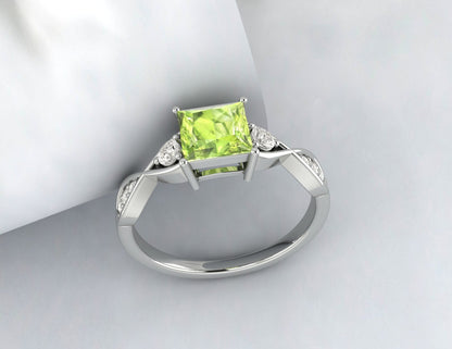 Natural Princess Cut Green Peridot Gemstone Ring Silver Engagement Ring US5~15