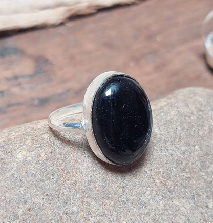 Oval Black Onyx Ring,925 Sterling Silver Ring with Flat Oval Stone,Genuine Onyx
