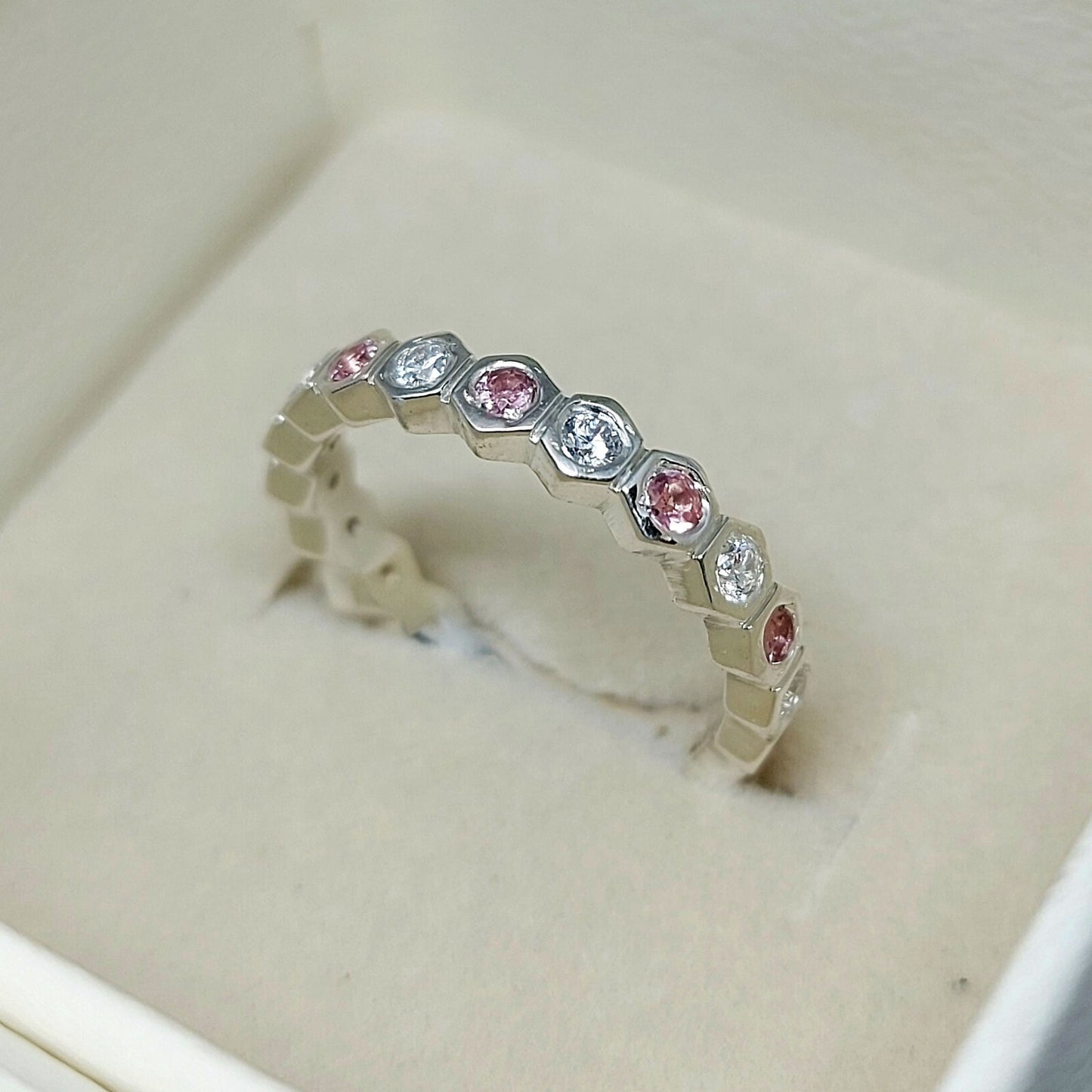 Natural Pink Tourmaline Eternity Band 925 Sterling Silver Wedding Band For Her