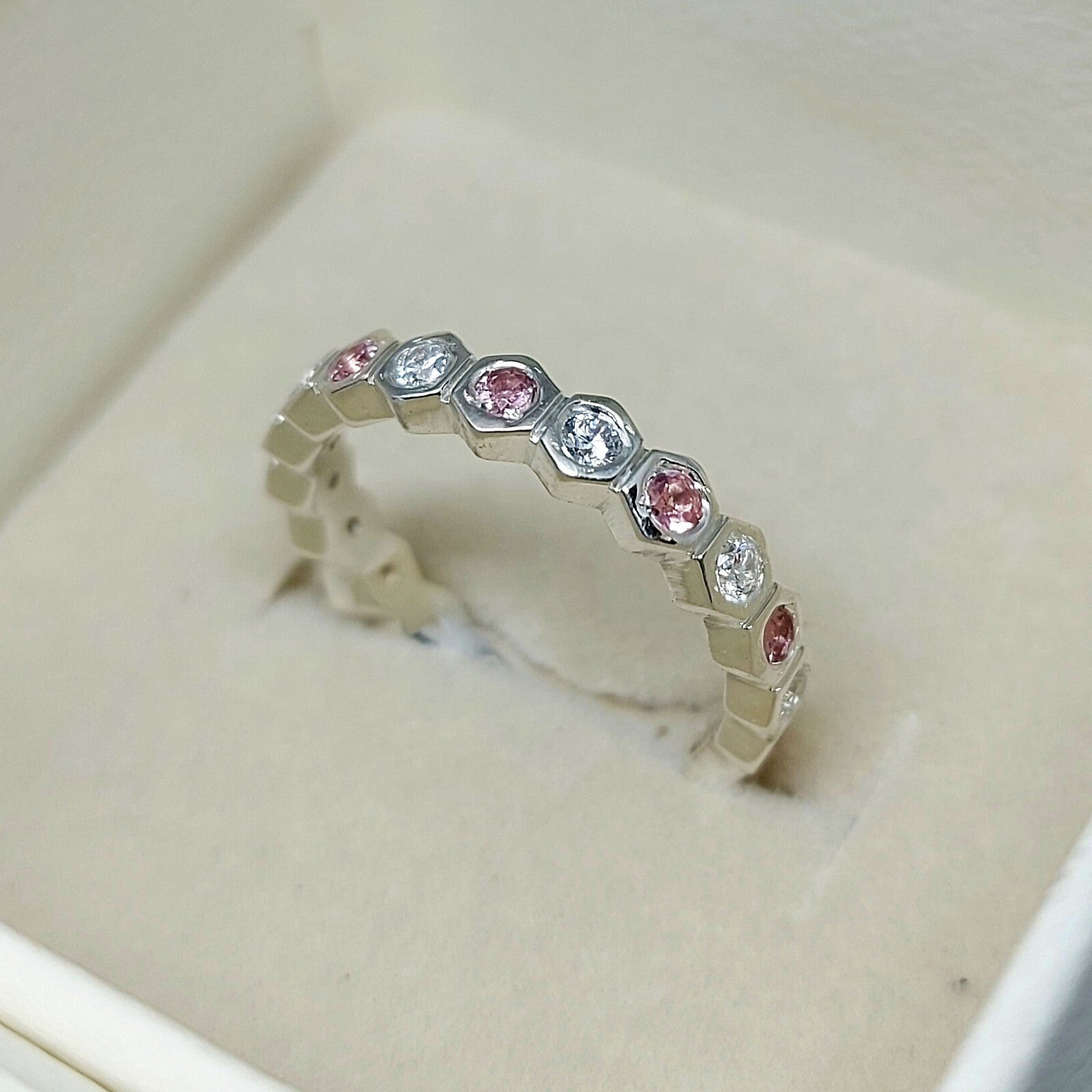 Natural Pink Tourmaline Eternity Band 925 Sterling Silver Wedding Band For Her