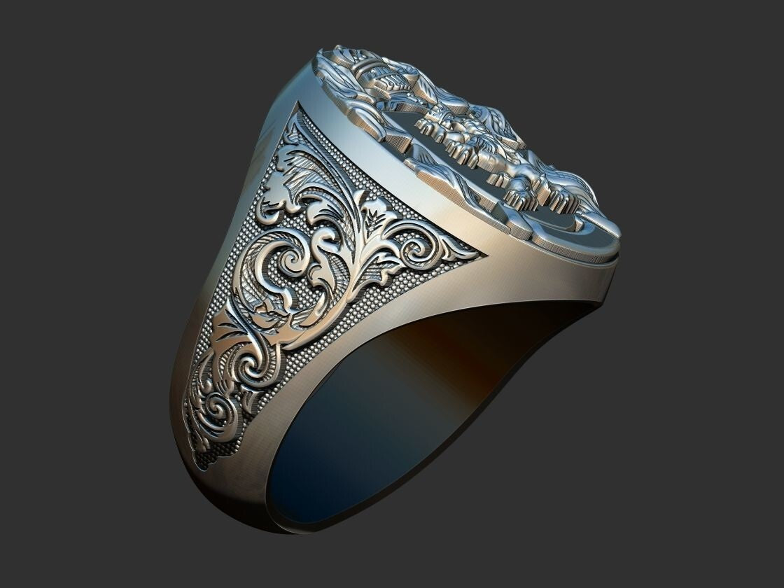 Lion And Roosters Coat of Arms Signet Silver 925 Men's Ring US7-15 Animal Lover