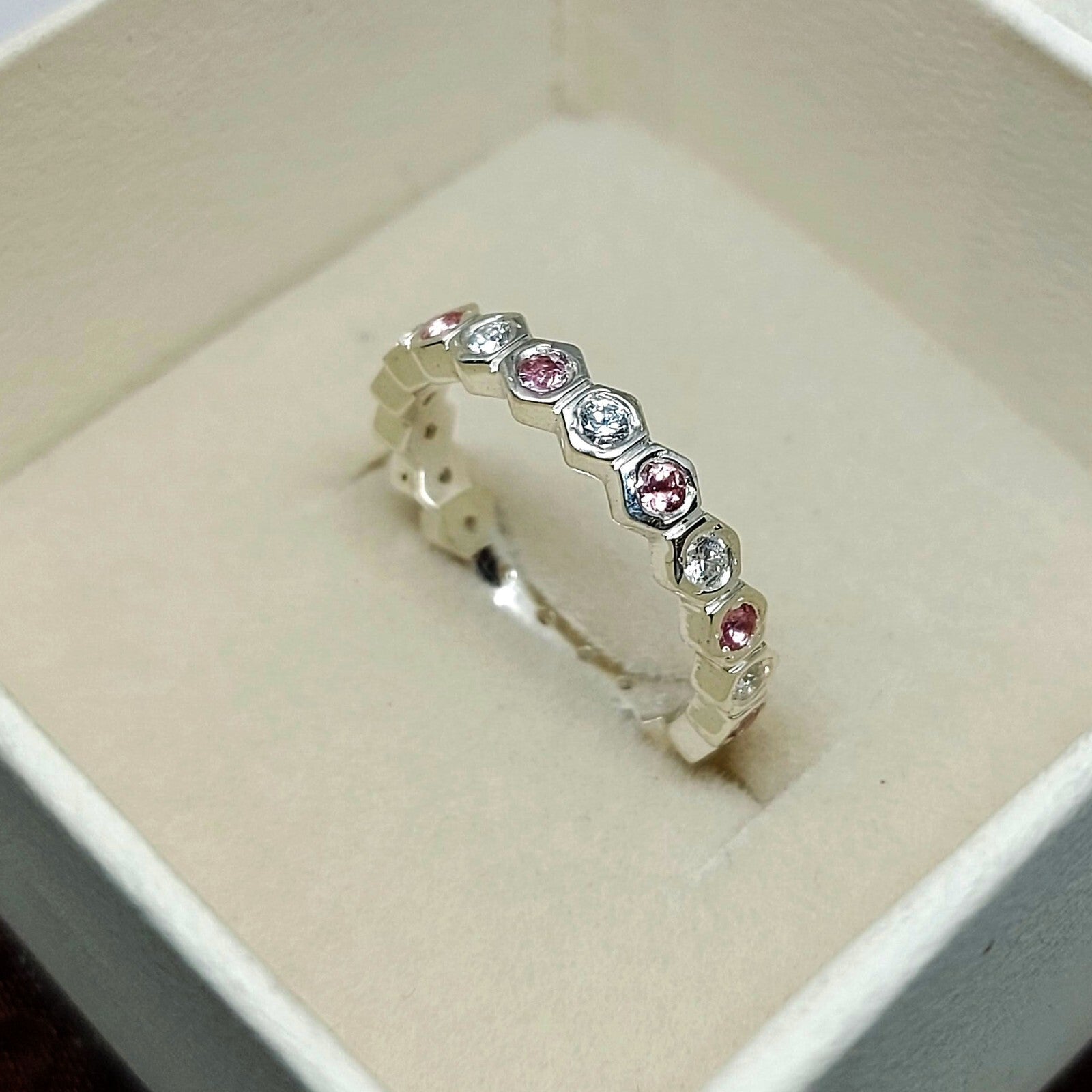 Natural Pink Tourmaline Eternity Band 925 Sterling Silver Wedding Band For Her