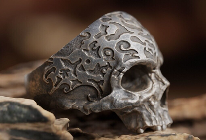 Retro Gothic Flower Carved Skull Ring Silver Skeleton Punk Signet Ring US5-15