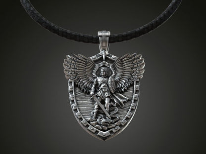 Saint Archangel Michael Serpent Shield Wings Sword Silver Pendant St Michael